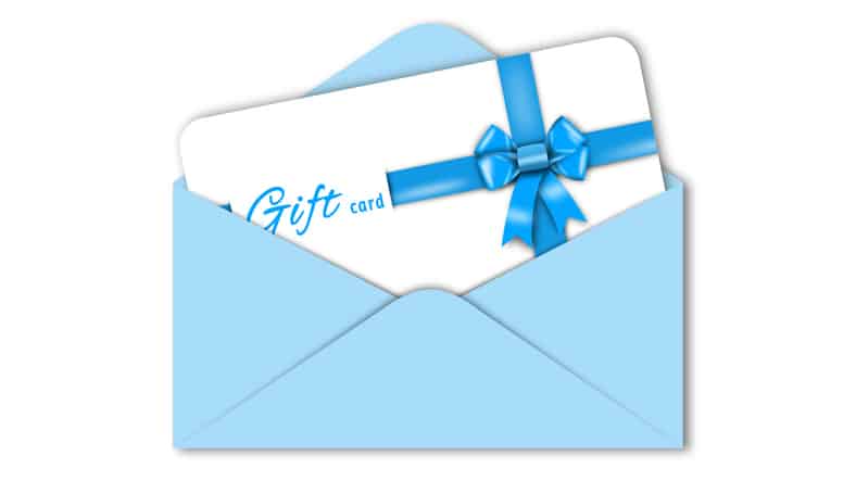 Gift card with blue ribbon bow in blue envelope isolated on white background with shadow minimal concept